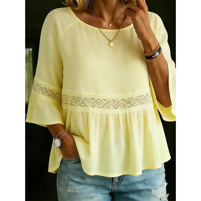💥 50% RABATT 🌸 Chic spetsblus 👚 V-ringning + peplum + volangärmar ✨ perfekt mix av elegans och vardagskomfort 🌿