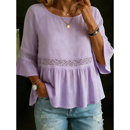 💥 50% RABATT 🌸 Chic spetsblus 👚 V-ringning + peplum + volangärmar ✨ perfekt mix av elegans och vardagskomfort 🌿