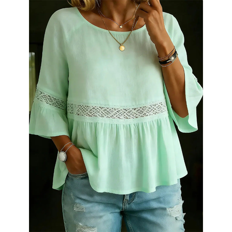 💥 50% RABATT 🌸 Chic spetsblus 👚 V-ringning + peplum + volangärmar ✨ perfekt mix av elegans och vardagskomfort 🌿