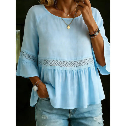💥 50% RABATT 🌸 Chic spetsblus 👚 V-ringning + peplum + volangärmar ✨ perfekt mix av elegans och vardagskomfort 🌿