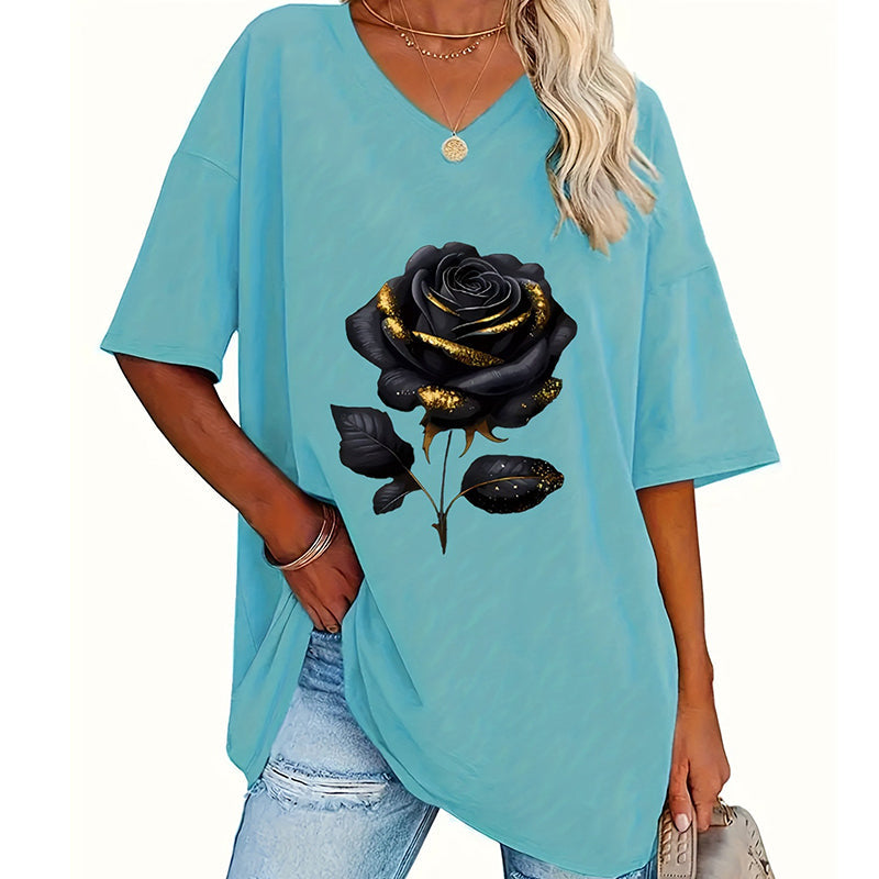 🔥 50% RABATT 🌹 Plus Size T-shirt med rosprint ✨ Smickrande V-ringning, mjuk komfort & feminin stil för varje dag 👚