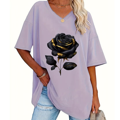 🔥 50% RABATT 🌹 Plus Size T-shirt med rosprint ✨ Smickrande V-ringning, mjuk komfort & feminin stil för varje dag 👚