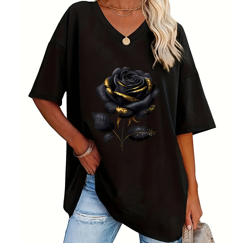 🔥 50% RABATT 🌹 Plus Size T-shirt med rosprint ✨ Smickrande V-ringning, mjuk komfort & feminin stil för varje dag 👚