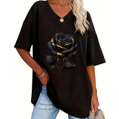 🔥 50% RABATT 🌹 Plus Size T-shirt med rosprint ✨ Smickrande V-ringning, mjuk komfort & feminin stil för varje dag 👚