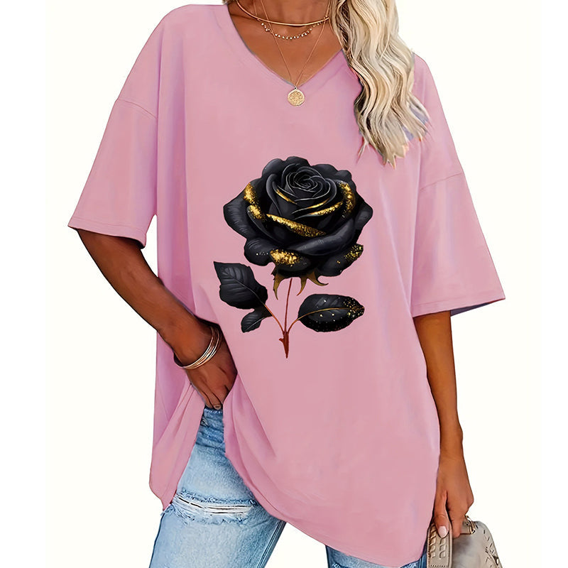 🔥 50% RABATT 🌹 Plus Size T-shirt med rosprint ✨ Smickrande V-ringning, mjuk komfort & feminin stil för varje dag 👚