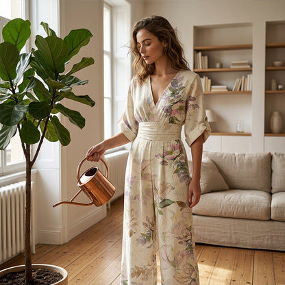 🌸Elegant jumpsuit med V-ringning och tryck för damer – 50% RABATT! ✨