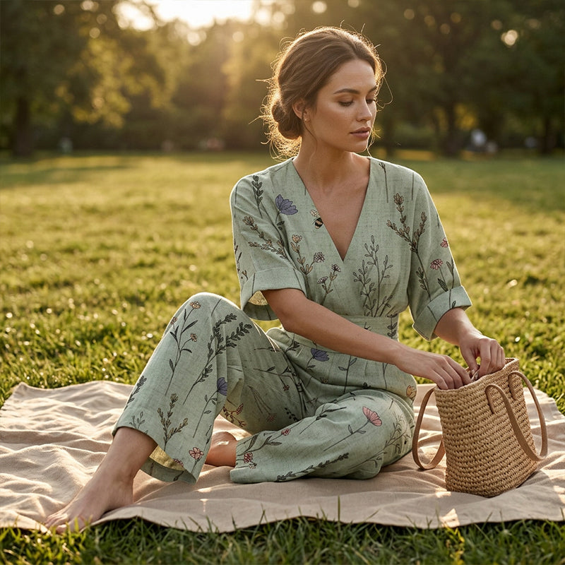 🌸Elegant jumpsuit med V-ringning och tryck för damer – 50% RABATT! ✨
