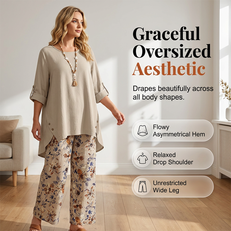 👚 50% RABATT NU! 🌿Damset med topp och byxor i bomull och linne, halvärmad – Andningsbart och lätt – Perfekt för sommaren, kontoret eller vardagliga dagar – avslappnad passform med naturlig textur 🌸✨