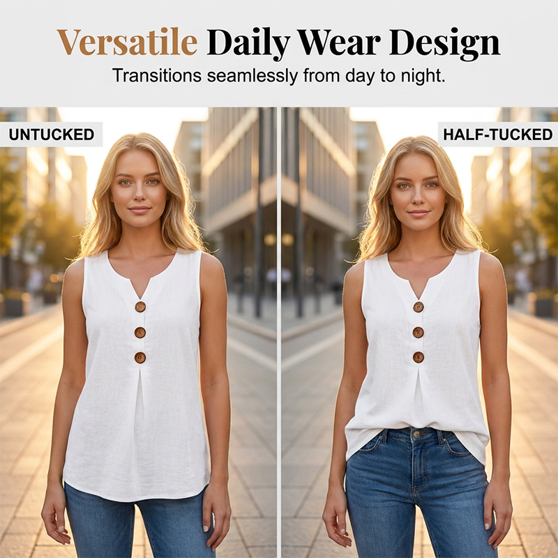 👚🌿 Ärmlös V-ringad topp med knappar– JUST NU 50% RABATT! 💥