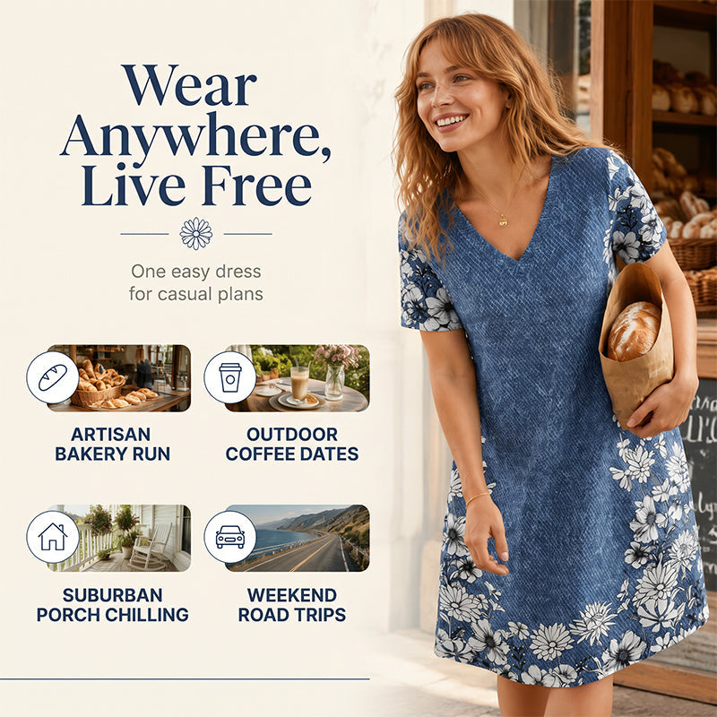💙Damklänning med V-ringning och denimtryck– Enkel vardagschic👗✨