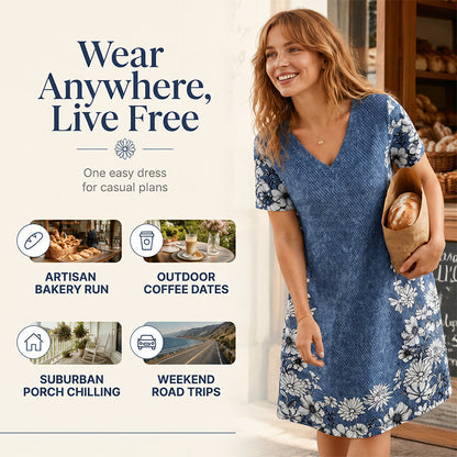 💙Damklänning med V-ringning och denimtryck– Enkel vardagschic👗✨