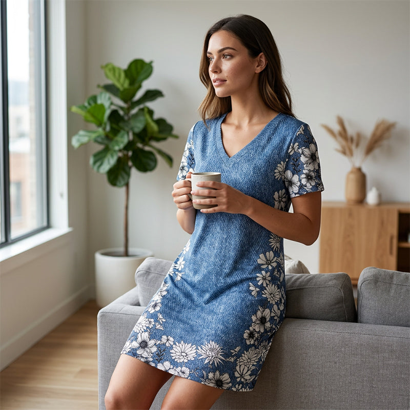 💙Damklänning med V-ringning och denimtryck– Enkel vardagschic👗✨