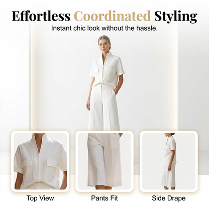 👖 Kortärmad krage topp & vida ben set – avslappnat, chic & perfekt varje dag🔥