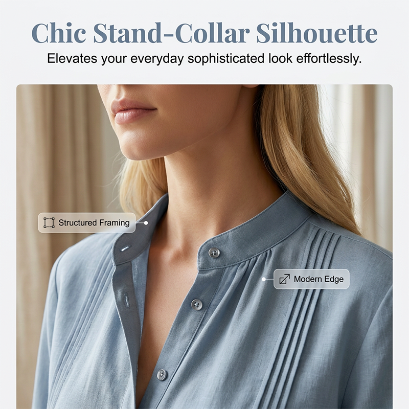 👚🌸 Elegant casual topp med mandarin-krage och prickveck – Komfort möter stil✨