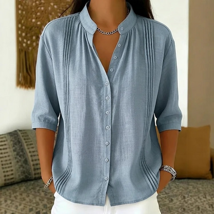 👚🌸 Elegant casual topp med mandarin-krage och prickveck – Komfort möter stil✨