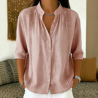 👚🌸 Elegant casual topp med mandarin-krage och prickveck – Komfort möter stil✨