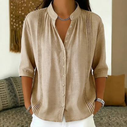 👚🌸 Elegant casual topp med mandarin-krage och prickveck – Komfort möter stil✨