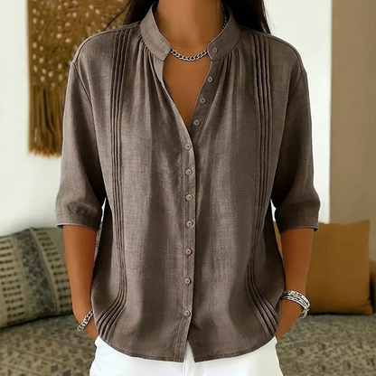 👚🌸 Elegant casual topp med mandarin-krage och prickveck – Komfort möter stil✨
