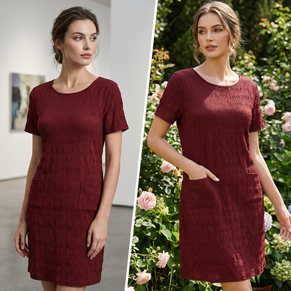 👗🌿 Bekväm avslappnad rund hals klänning med fickor