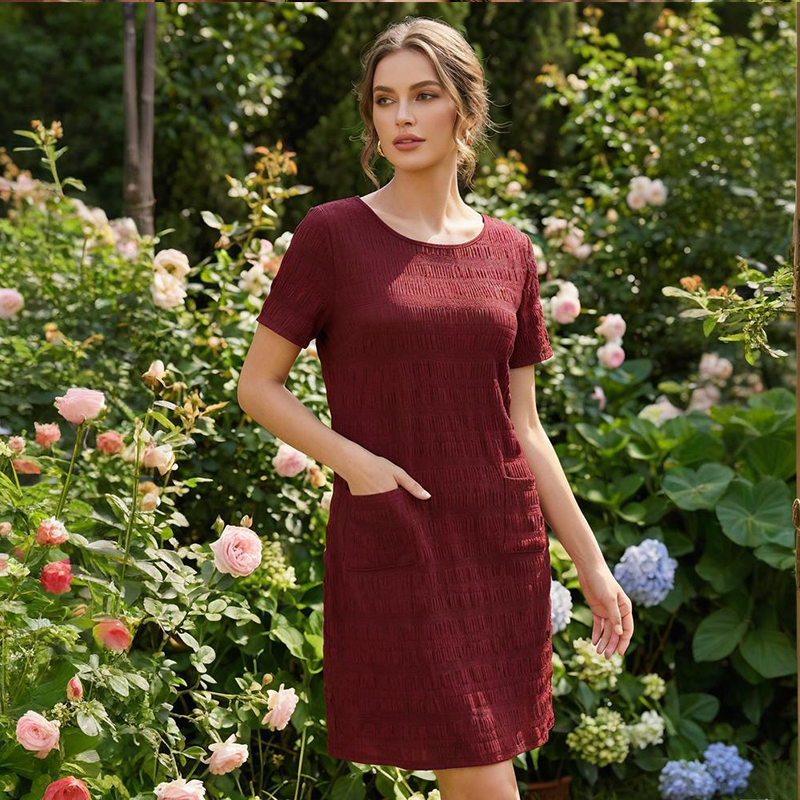 👗🌿 Bekväm avslappnad rund hals klänning med fickor