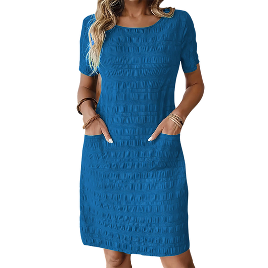 👗🌿 Bekväm avslappnad rund hals klänning med fickor – Stil & komfort i ett🌸
