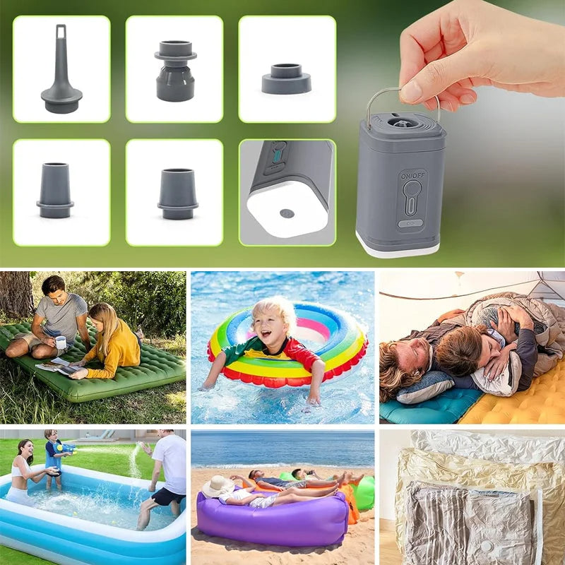 ⏳Tidsbegränsat erbjudande⏰Uppladdningsbar campingluftpump – LED-ljus och snabb uppblåsning – Kompakt och bärbar – Perfekt för luftmadrasser, pooler eller däck 🔋✨
