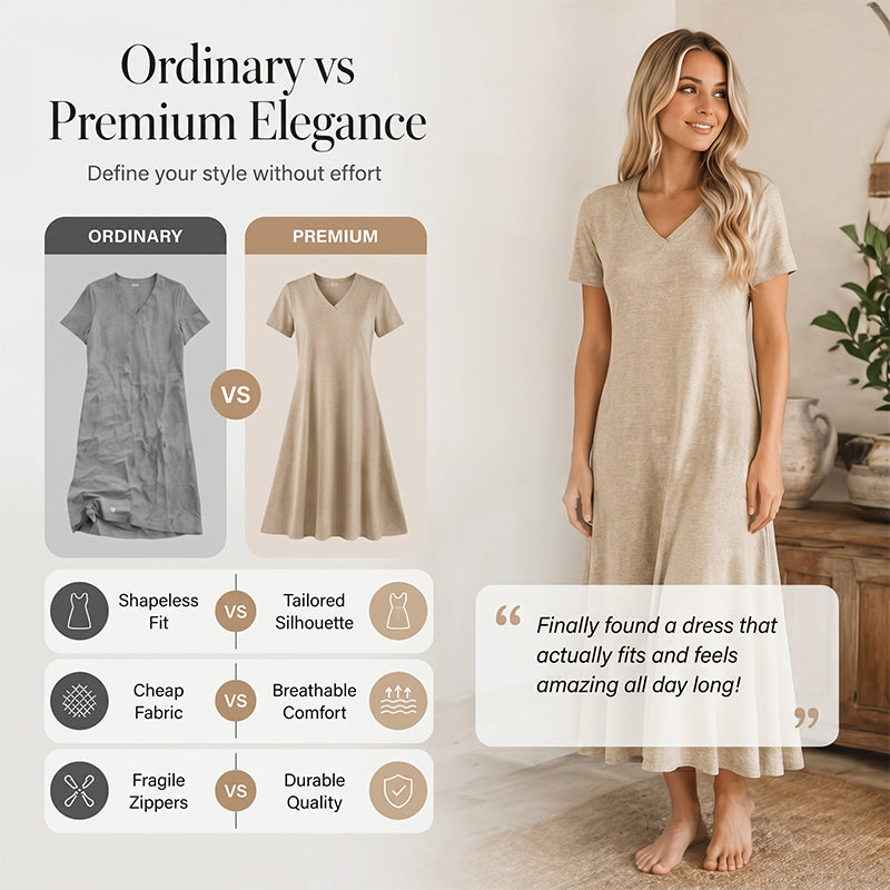 👗🌸 Mångsidig sommarklänning med V-hals och korta ärmar– luftig, smickrande & perfekt för alla dagar