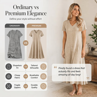 👗🌸 Mångsidig sommarklänning med V-hals och korta ärmar– luftig, smickrande & perfekt för alla dagar