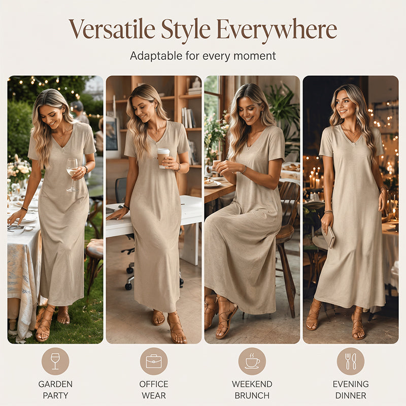 👗🌸 Mångsidig sommarklänning med V-hals och korta ärmar– luftig, smickrande & perfekt för alla dagar