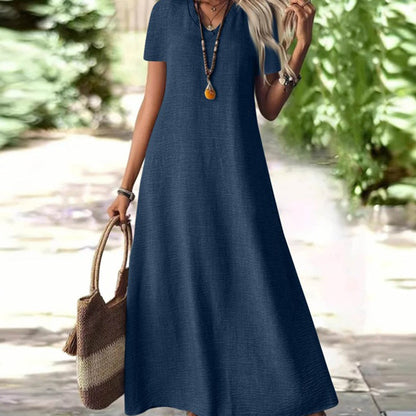 👗🌸 Mångsidig sommarklänning med V-hals och korta ärmar– luftig, smickrande & perfekt för alla dagar