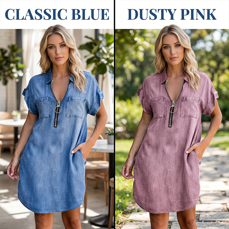 👗💙 50% RABATT Idag – Dam Avslappnad Denimskjortklänning Löst Slag, Kortärmad Klänning Med Dragkedja Och Fickor✨