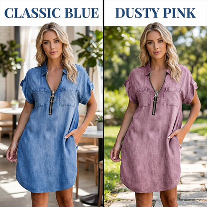 👗💙 50% RABATT Idag – Dam Avslappnad Denimskjortklänning Löst Slag, Kortärmad Klänning Med Dragkedja Och Fickor✨