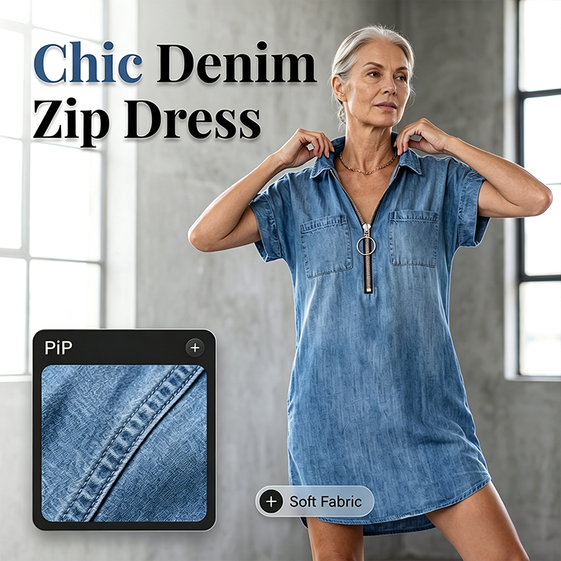 👗💙 50% RABATT Idag – Dam Avslappnad Denimskjortklänning Löst Slag, Kortärmad Klänning Med Dragkedja Och Fickor✨