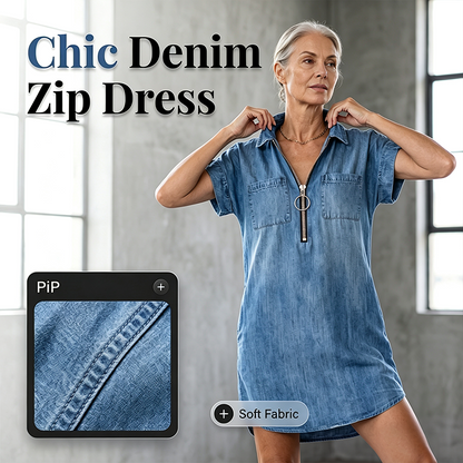 👗💙 50% RABATT Idag – Dam Avslappnad Denimskjortklänning Löst Slag, Kortärmad Klänning Med Dragkedja Och Fickor✨