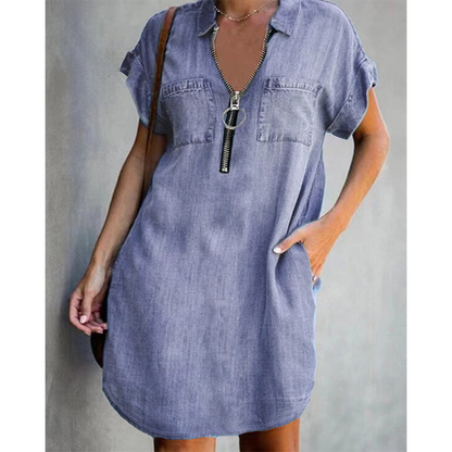 👗💙 50% RABATT Idag – Dam Avslappnad Denimskjortklänning Löst Slag, Kortärmad Klänning Med Dragkedja Och Fickor✨