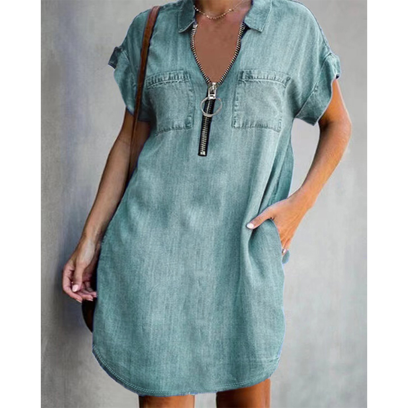 👗💙 50% RABATT Idag – Dam Avslappnad Denimskjortklänning Löst Slag, Kortärmad Klänning Med Dragkedja Och Fickor✨