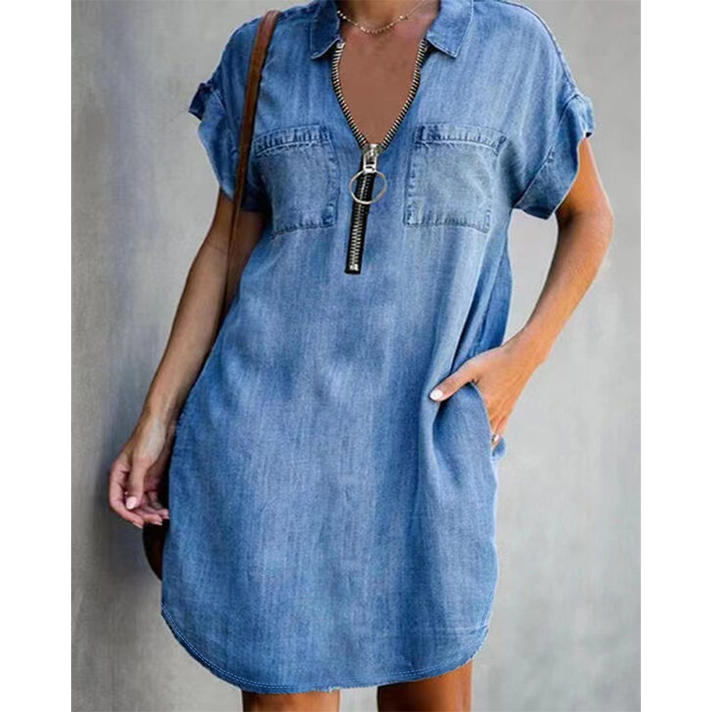 👗💙 50% RABATT Idag – Dam Avslappnad Denimskjortklänning Löst Slag, Kortärmad Klänning Med Dragkedja Och Fickor✨