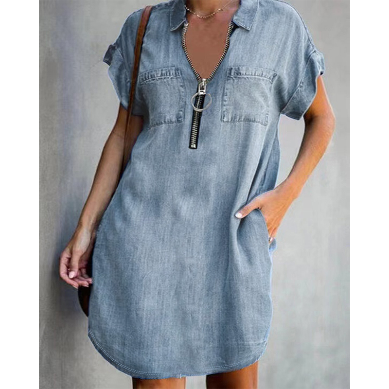 👗💙 50% RABATT Idag – Dam Avslappnad Denimskjortklänning Löst Slag, Kortärmad Klänning Med Dragkedja Och Fickor✨