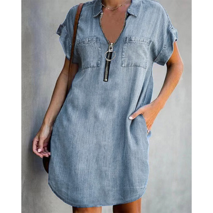 👗💙 50% RABATT Idag – Dam Avslappnad Denimskjortklänning Löst Slag, Kortärmad Klänning Med Dragkedja Och Fickor✨