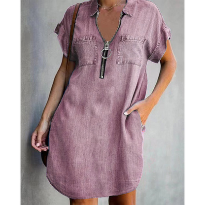 👗💙 50% RABATT Idag – Dam Avslappnad Denimskjortklänning Löst Slag, Kortärmad Klänning Med Dragkedja Och Fickor✨