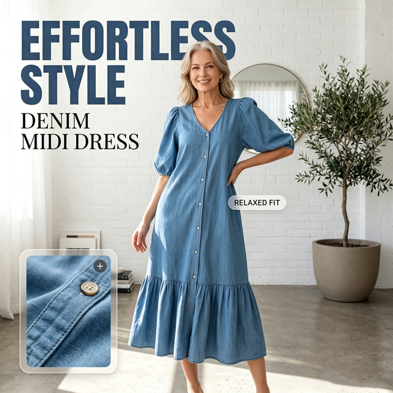 👗🌸 Mjuk V-ringad midiklänning i denimstil– Enkel Stil & Komfort Hela Dagen ✨