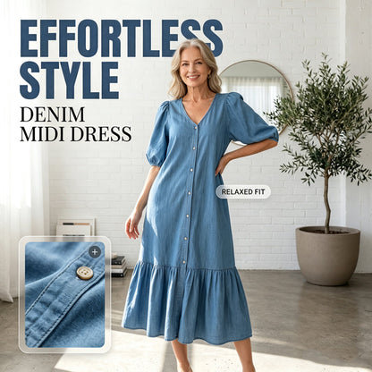 👗🌸 Mjuk V-ringad midiklänning i denimstil– Enkel Stil & Komfort Hela Dagen ✨