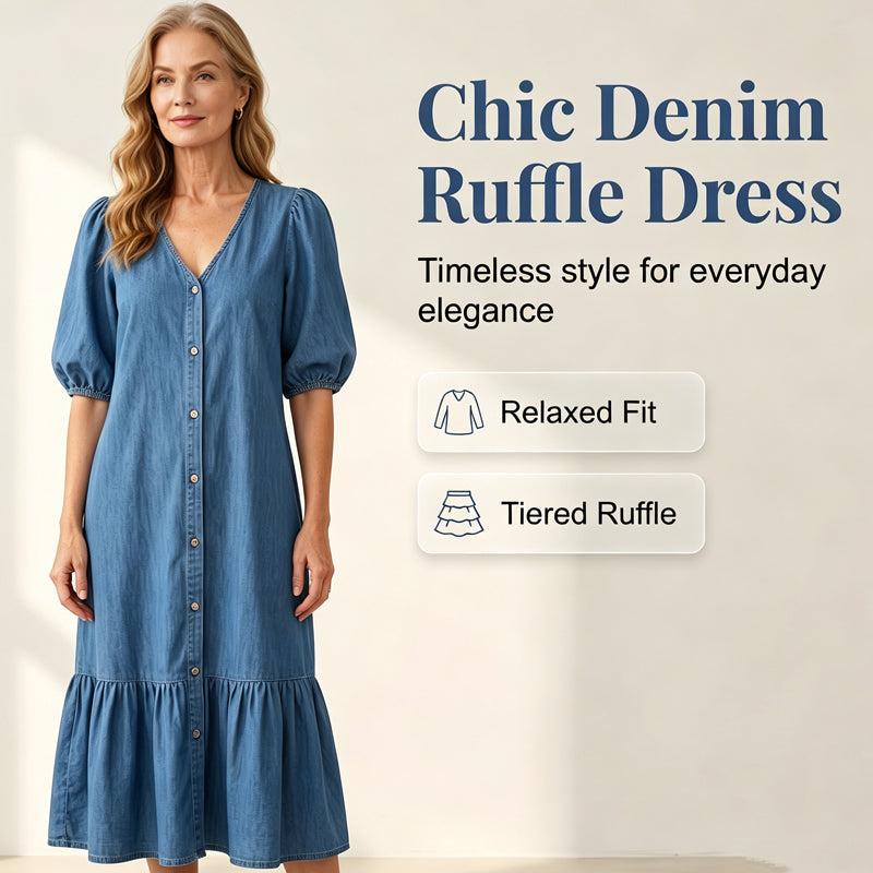 👗🌸 Mjuk V-ringad midiklänning i denimstil– Enkel Stil & Komfort Hela Dagen ✨