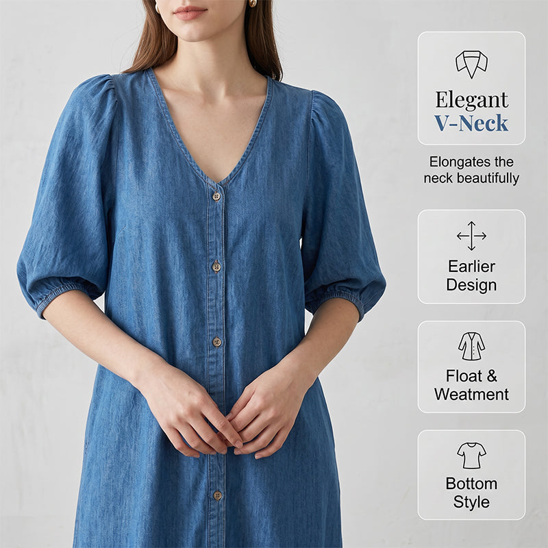 👗🌸 Mjuk V-ringad midiklänning i denimstil– Enkel Stil & Komfort Hela Dagen ✨