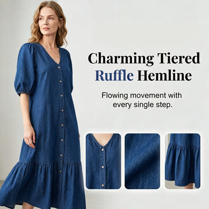 👗🌸 Mjuk V-ringad midiklänning i denimstil– Enkel Stil & Komfort Hela Dagen ✨