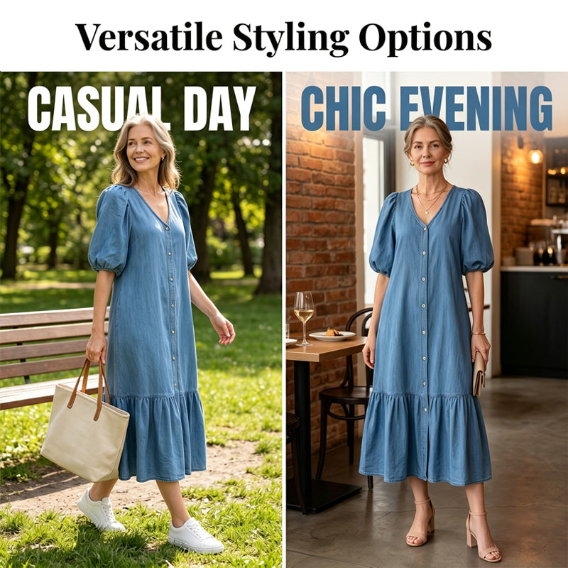 👗🌸 Mjuk V-ringad midiklänning i denimstil– Enkel Stil & Komfort Hela Dagen ✨