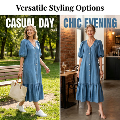 👗🌸 Mjuk V-ringad midiklänning i denimstil– Enkel Stil & Komfort Hela Dagen ✨