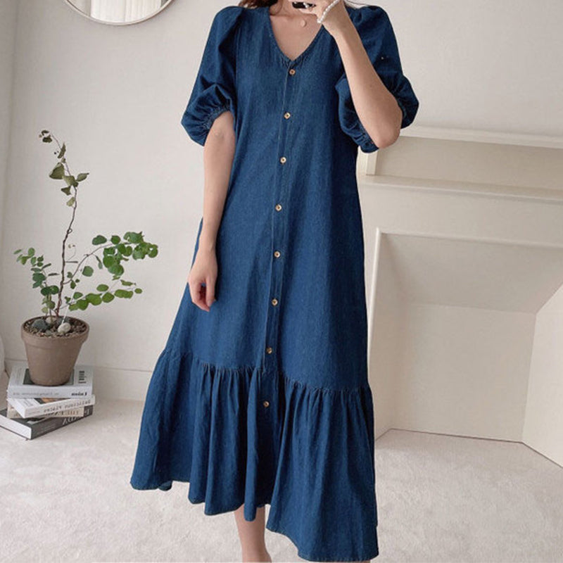👗🌸 Mjuk V-ringad midiklänning i denimstil– Enkel Stil & Komfort Hela Dagen ✨
