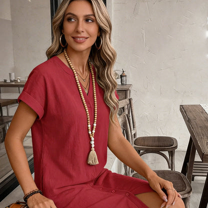 👗🌿 Avslappnad linne-bomull skjortklänning i enfärgad stil – Sval, Bekväm & Perfekt för Sommaren ✨