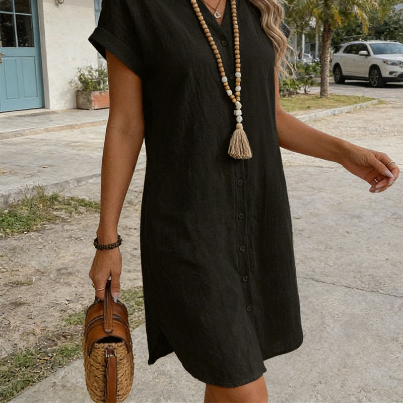 👗🌿 Avslappnad linne-bomull skjortklänning i enfärgad stil – Sval, Bekväm & Perfekt för Sommaren ✨